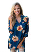 Sexy Slate Blue Floral Print High Low Chiffon Blouse